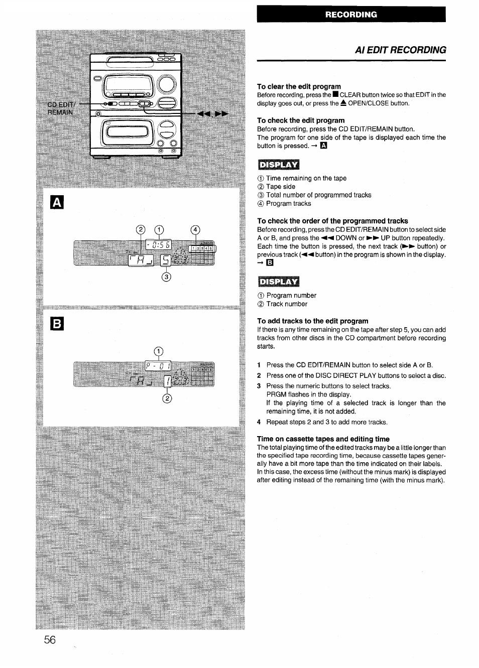 To clear the edit program, To check the edit program, To check the order of the programmed tracks | To add tracks to the edit program, Time on cassette tapes and editing time, Al edit recording | Aiwa CX-N4000 U User Manual | Page 56 / 84