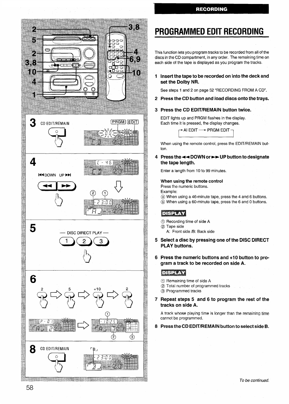 Programmed edit recording, When using the remote control, Jjqjqo | Aiwa CX-N4000 U User Manual | Page 58 / 84