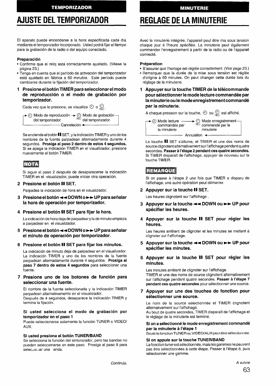 Ajuste del temporizador, Reglage de la minuterie, Ajuste del temporizador reglage de la minuterie | Aiwa CX-N4000 U User Manual | Page 63 / 84