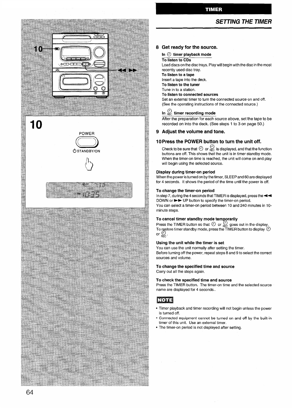 8 get ready for the source, 9 adjust the volume and tone, 10press the power button to turn the unit off | Setting the timer | Aiwa CX-N4000 U User Manual | Page 64 / 84