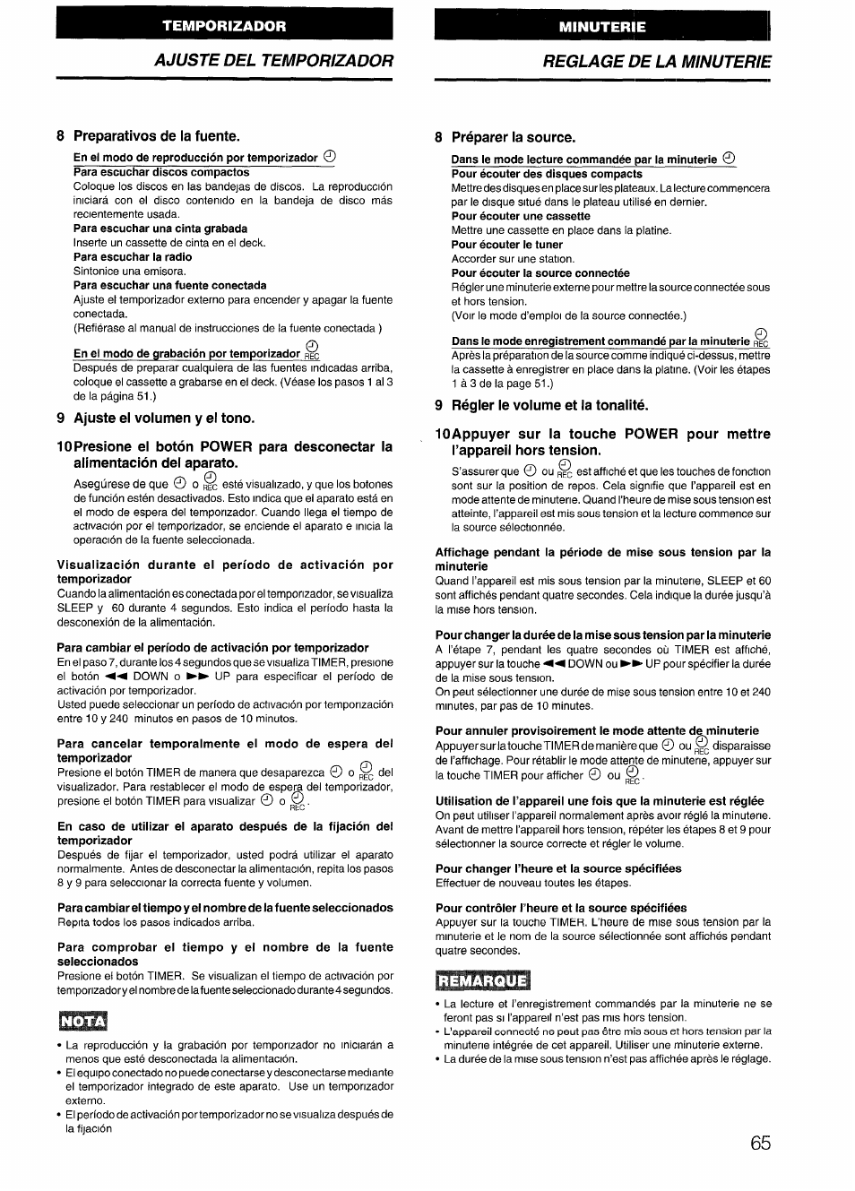 8 preparativos de la fuente, 9 ajuste el volumen y el tono, 8 préparer la source | 9 régler le volume et la tonalité, Ajuste del temporizador reglage de la minuterie | Aiwa CX-N4000 U User Manual | Page 65 / 84