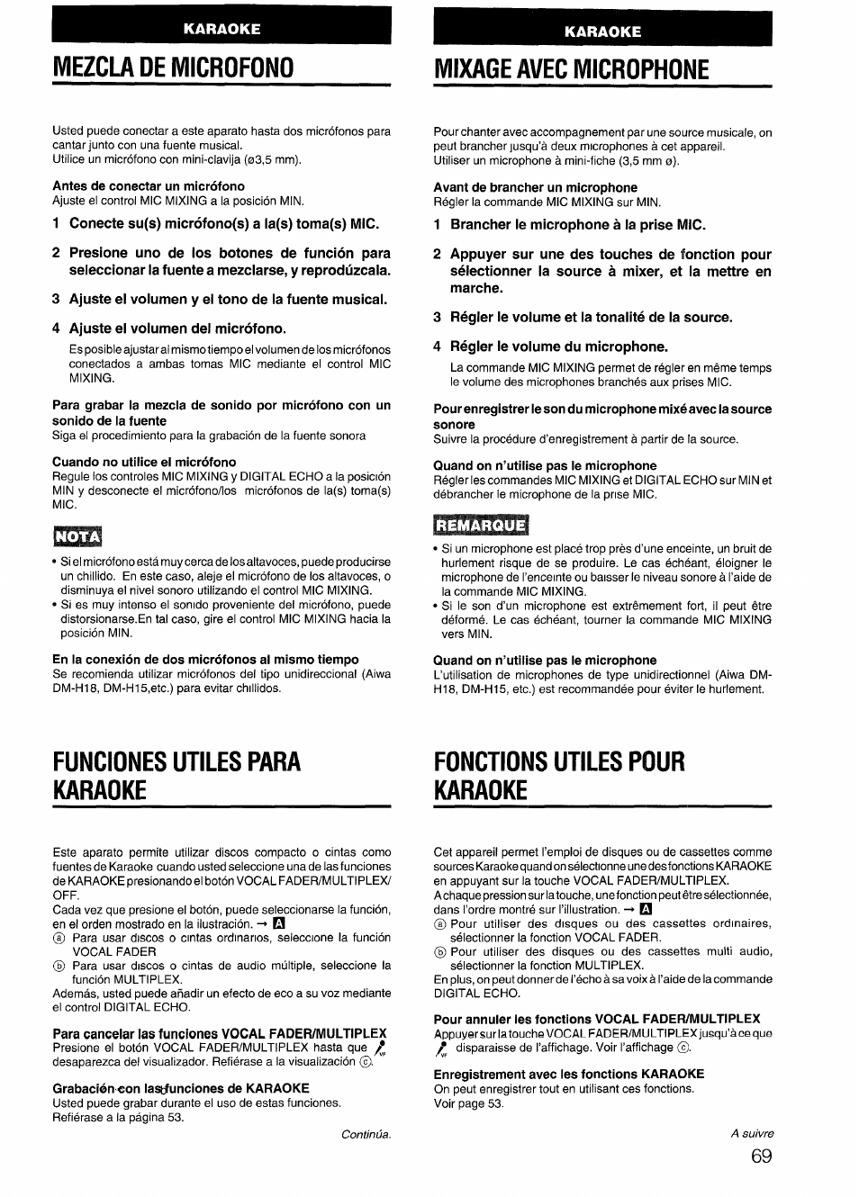 Mezcla de microfono, Mixage avec microphone, Antes de conectar un micrófono | 1 conecte su(s) micrófono(s) a la(s) toma(s) mic, 3 ajuste el volumen y el tono de la fuente musical, 4 ajuste el volumen del micrófono, Cuando no utilice el micrófono, En la conexión de dos micrófonos al mismo tiempo, Avant de brancher un microphone, 1 brancher le microphone à la prise mic | Aiwa CX-N4000 U User Manual | Page 69 / 84