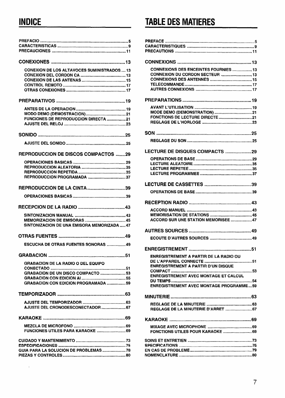 Table des matieres, Indice table des matieres | Aiwa CX-N4000 U User Manual | Page 7 / 84