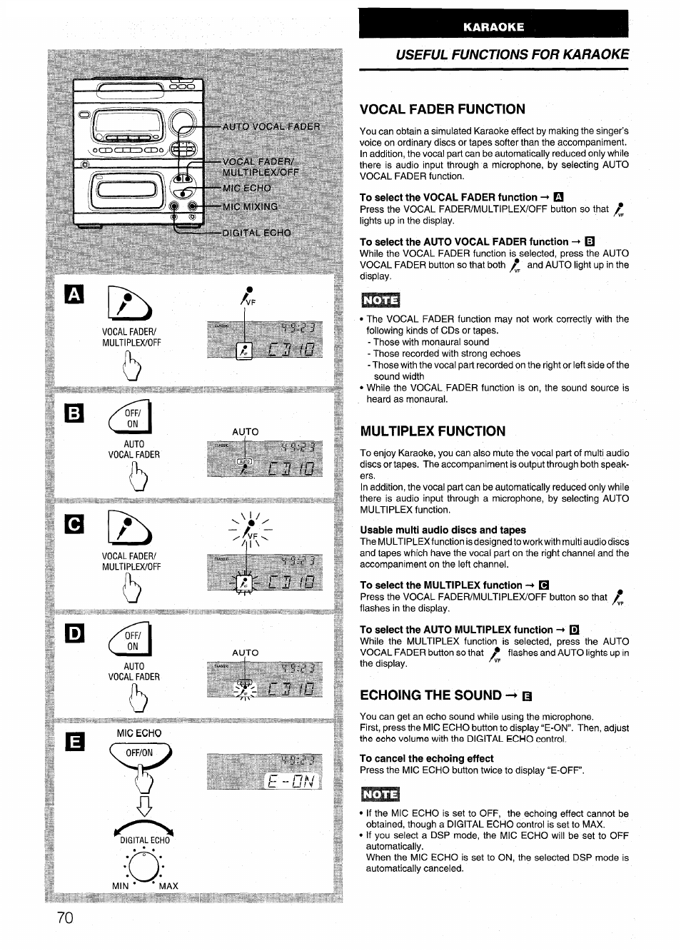 Vocal fader function, To select the vocal fader function -* el, To select the auto vocal fader function | Multiplex function, Usable multi audio discs and tapes, To select the multiplex function -+ h, To select the auto multiplex function -r 0, Echoing the sound 0, To cancel the echoing effect, Useful functions for karaoke | Aiwa CX-N4000 U User Manual | Page 70 / 84