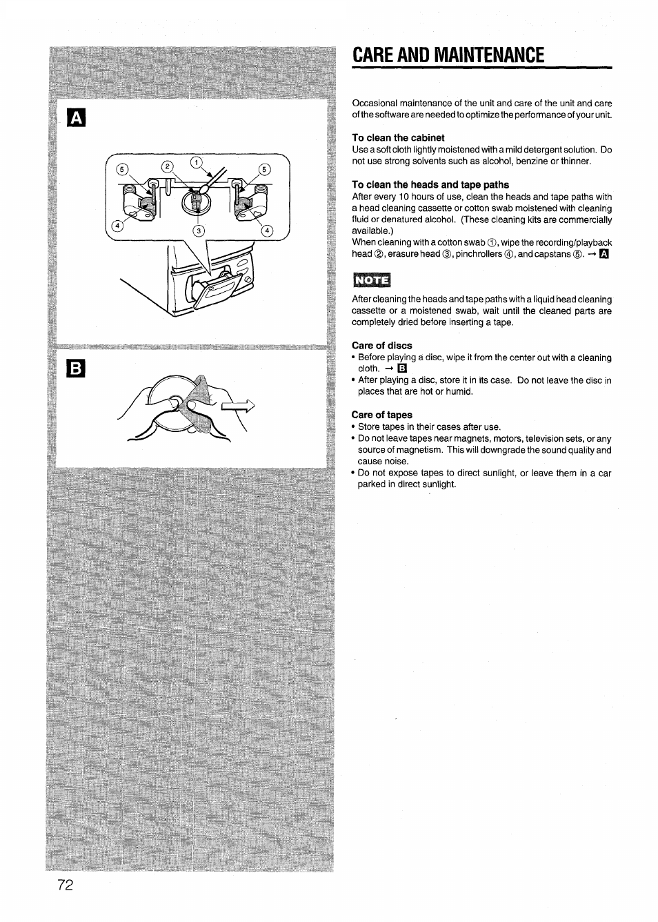 Care and maintenance, To clean the cabinet, To clean the heads and tape paths | Care of discs, Care of tapes | Aiwa CX-N4000 U User Manual | Page 72 / 84
