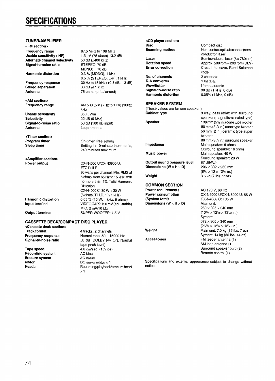 Tunefl/amplifier, Specifications | Aiwa CX-N4000 U User Manual | Page 74 / 84