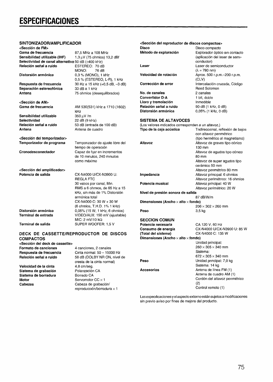 Sintonizador/amplificador, Deck de cassette/reproductor de discos compactos, Sistema de altavoces | Seccion comun, Especificaciones | Aiwa CX-N4000 U User Manual | Page 75 / 84
