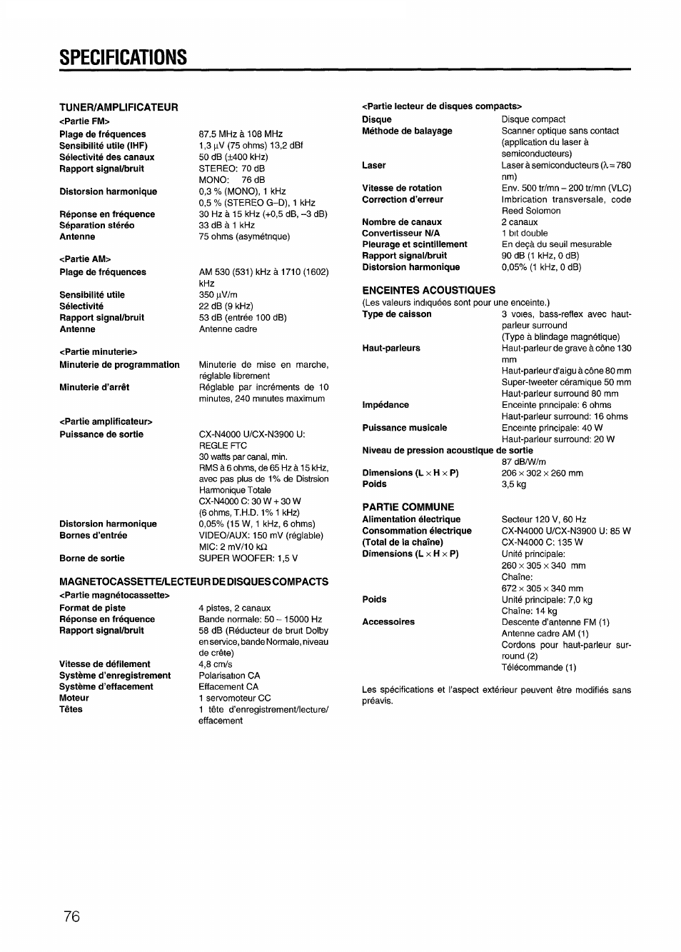 Tuner/amplificateur, Magnetocassette/lecteur de disques compacts, Enceintes acoustiques | Specifications | Aiwa CX-N4000 U User Manual | Page 76 / 84