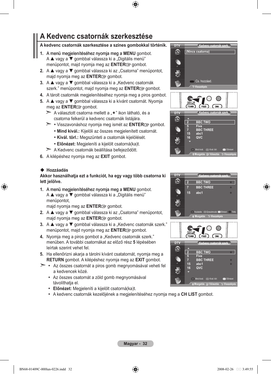 A kedvenc csatornák szerkesztése | Samsung LE52A559P4F User Manual | Page 104 / 632