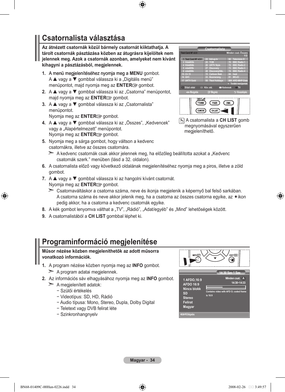 Csatornalista választása, Programinformáció megjelenítése | Samsung LE52A559P4F User Manual | Page 106 / 632