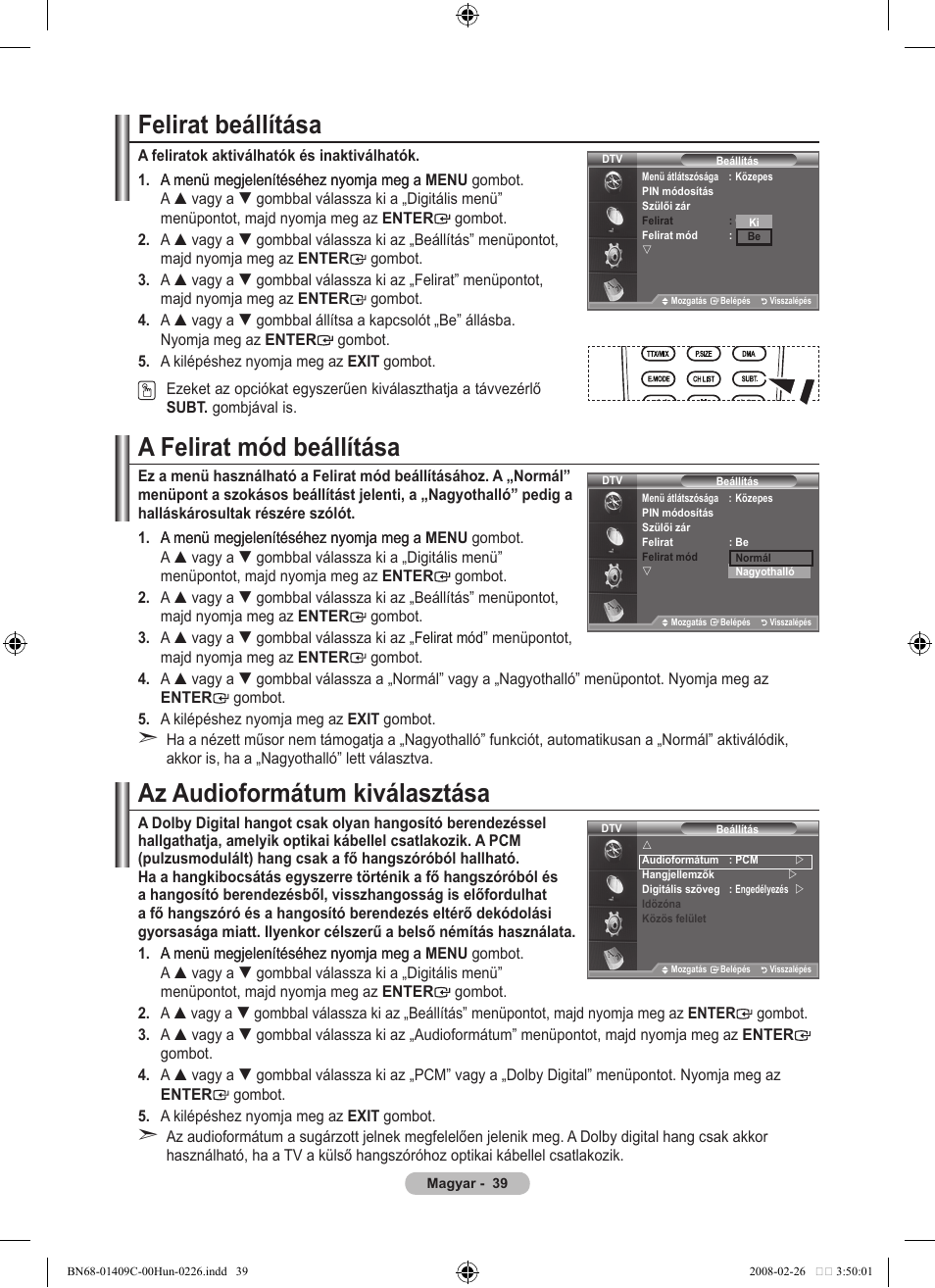 Felirat beállítása, A felirat mód beállítása, Az audioformátum kiválasztása | Samsung LE52A559P4F User Manual | Page 111 / 632