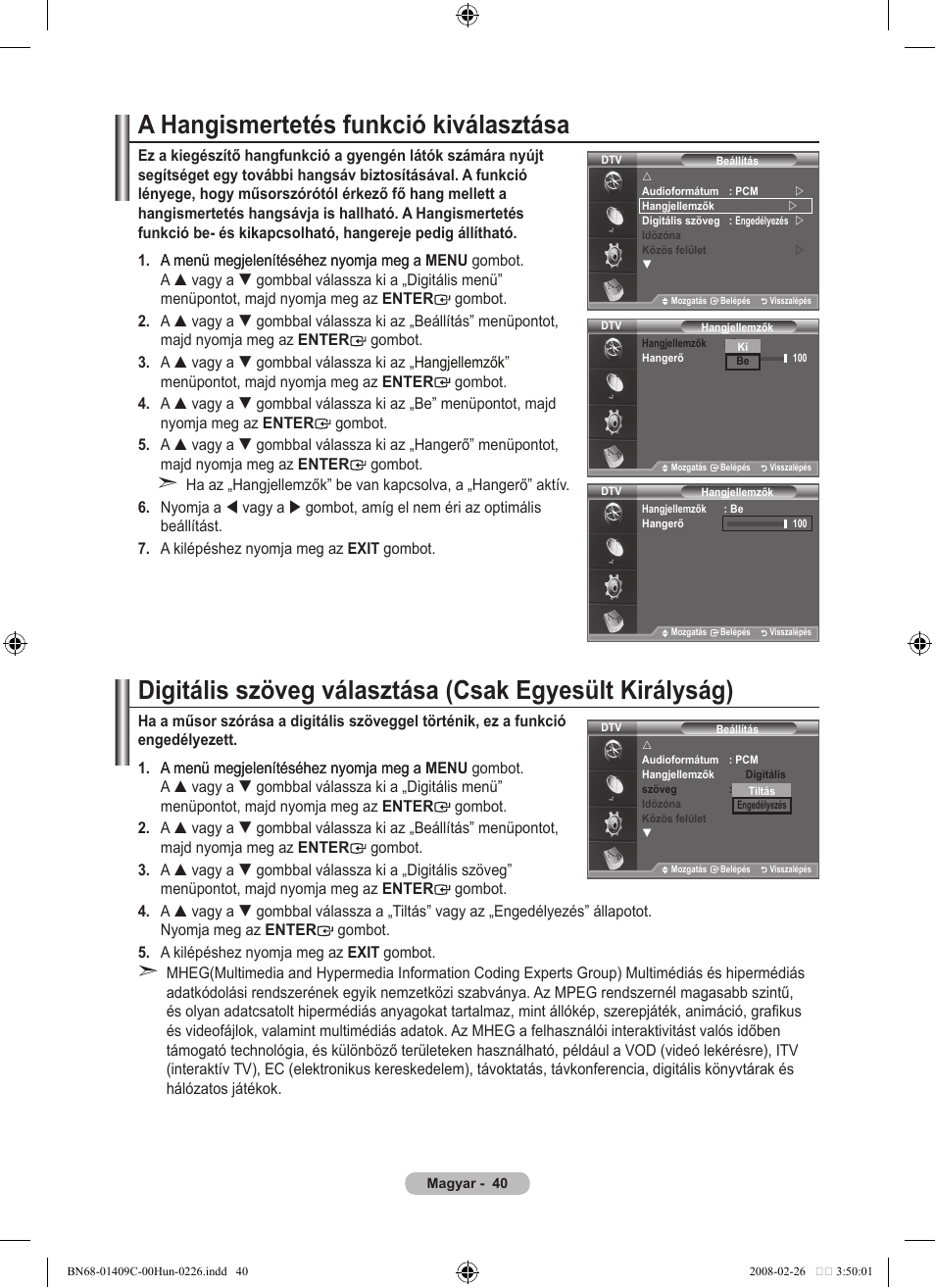 A hangismertetés funkció kiválasztása | Samsung LE52A559P4F User Manual | Page 112 / 632