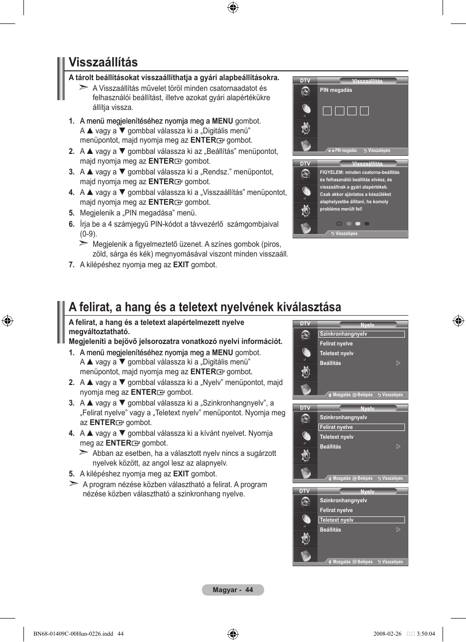 Visszaállítás | Samsung LE52A559P4F User Manual | Page 116 / 632