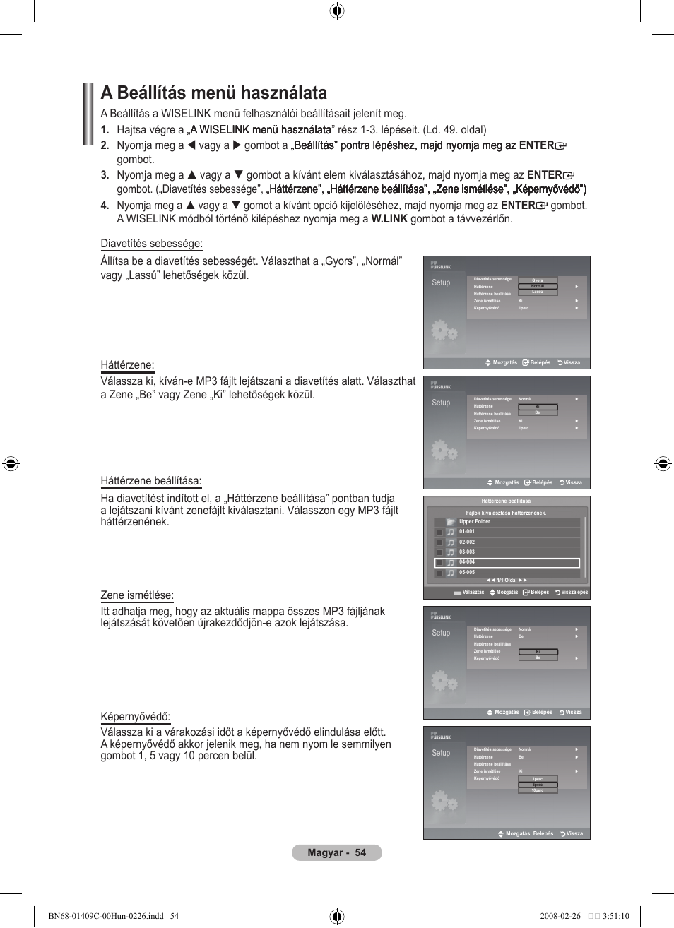 A beállítás menü használata, Magyar | Samsung LE52A559P4F User Manual | Page 126 / 632