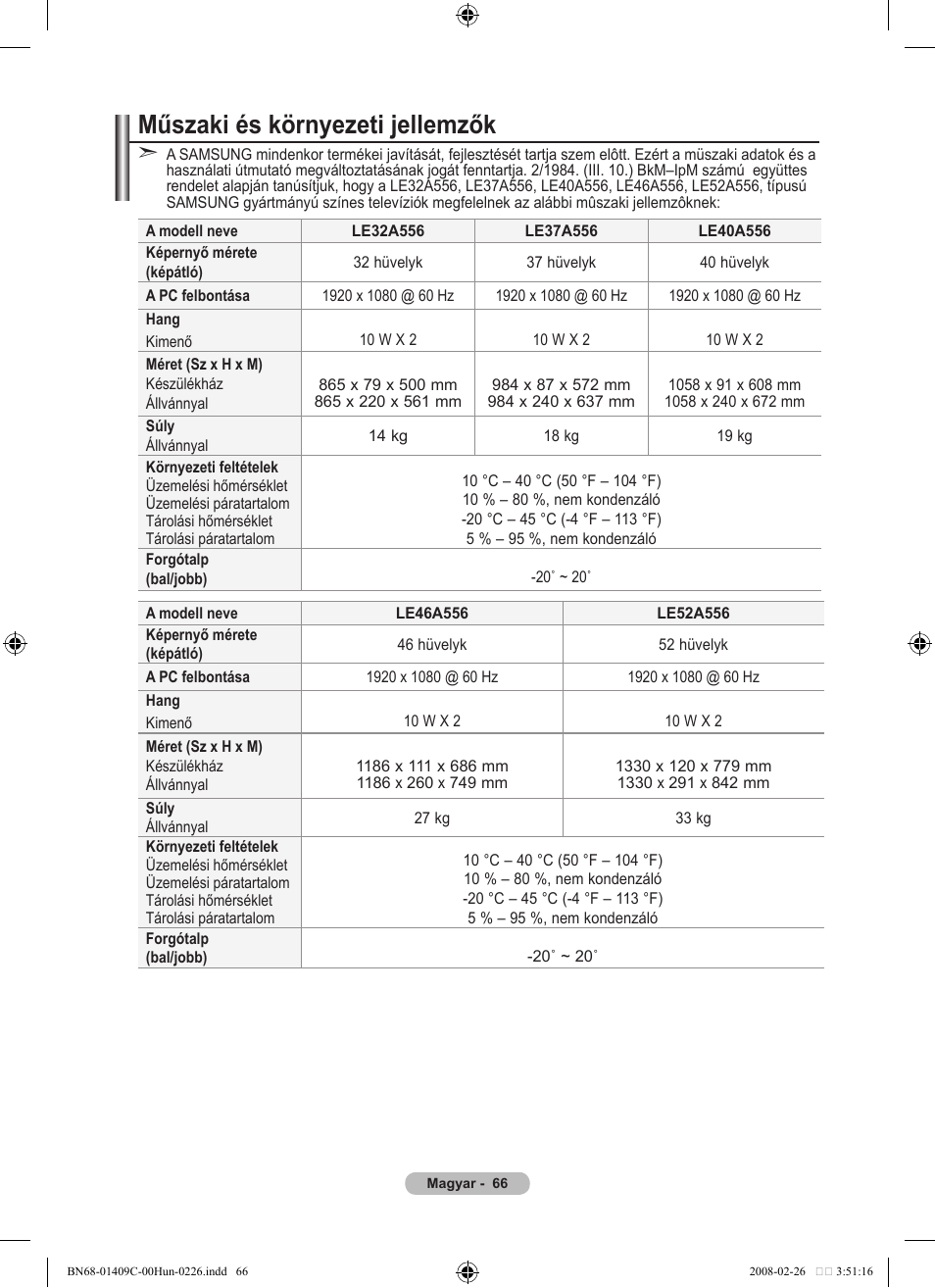 Műszaki és környezeti jellemzők | Samsung LE52A559P4F User Manual | Page 138 / 632