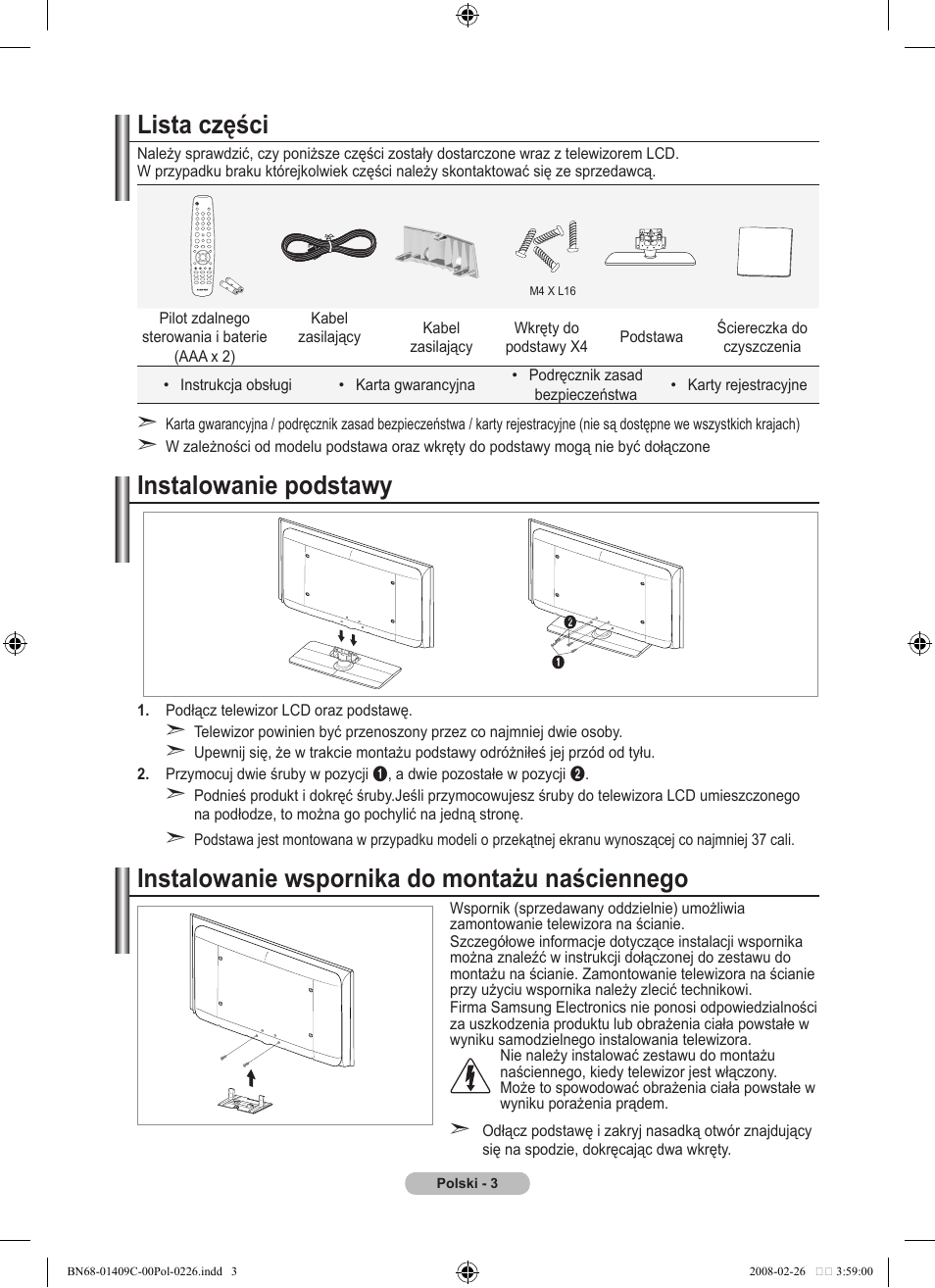 Lista części, Instalowanie podstawy, Instalowanie wspornika do montażu naściennego | Samsung LE52A559P4F User Manual | Page 145 / 632