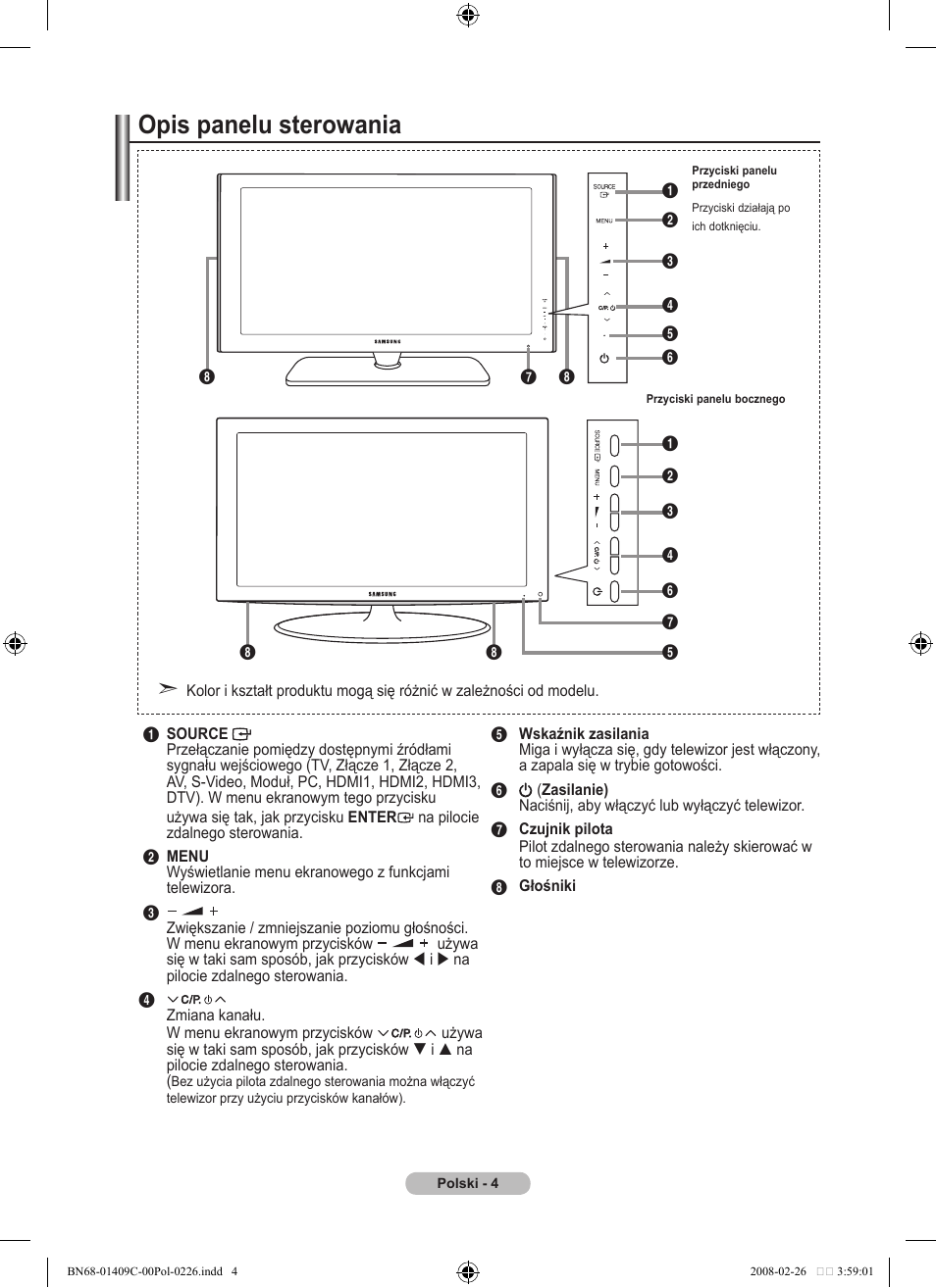 Opis panelu sterowania | Samsung LE52A559P4F User Manual | Page 146 / 632