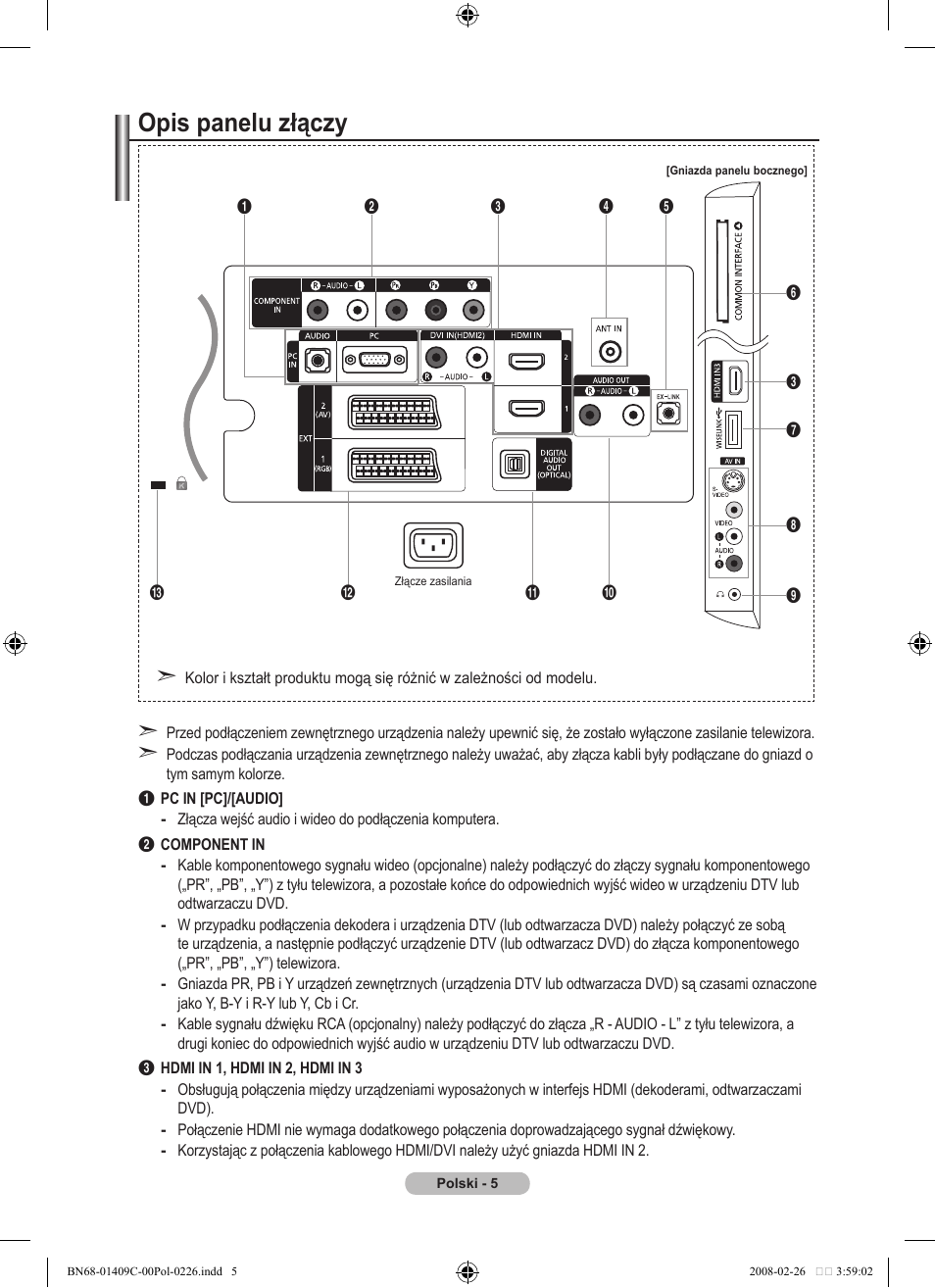 Opis panelu złączy | Samsung LE52A559P4F User Manual | Page 147 / 632