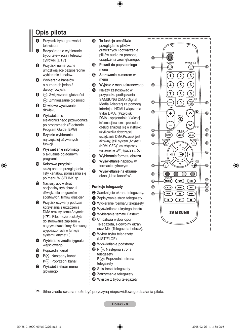 Opis pilota | Samsung LE52A559P4F User Manual | Page 150 / 632