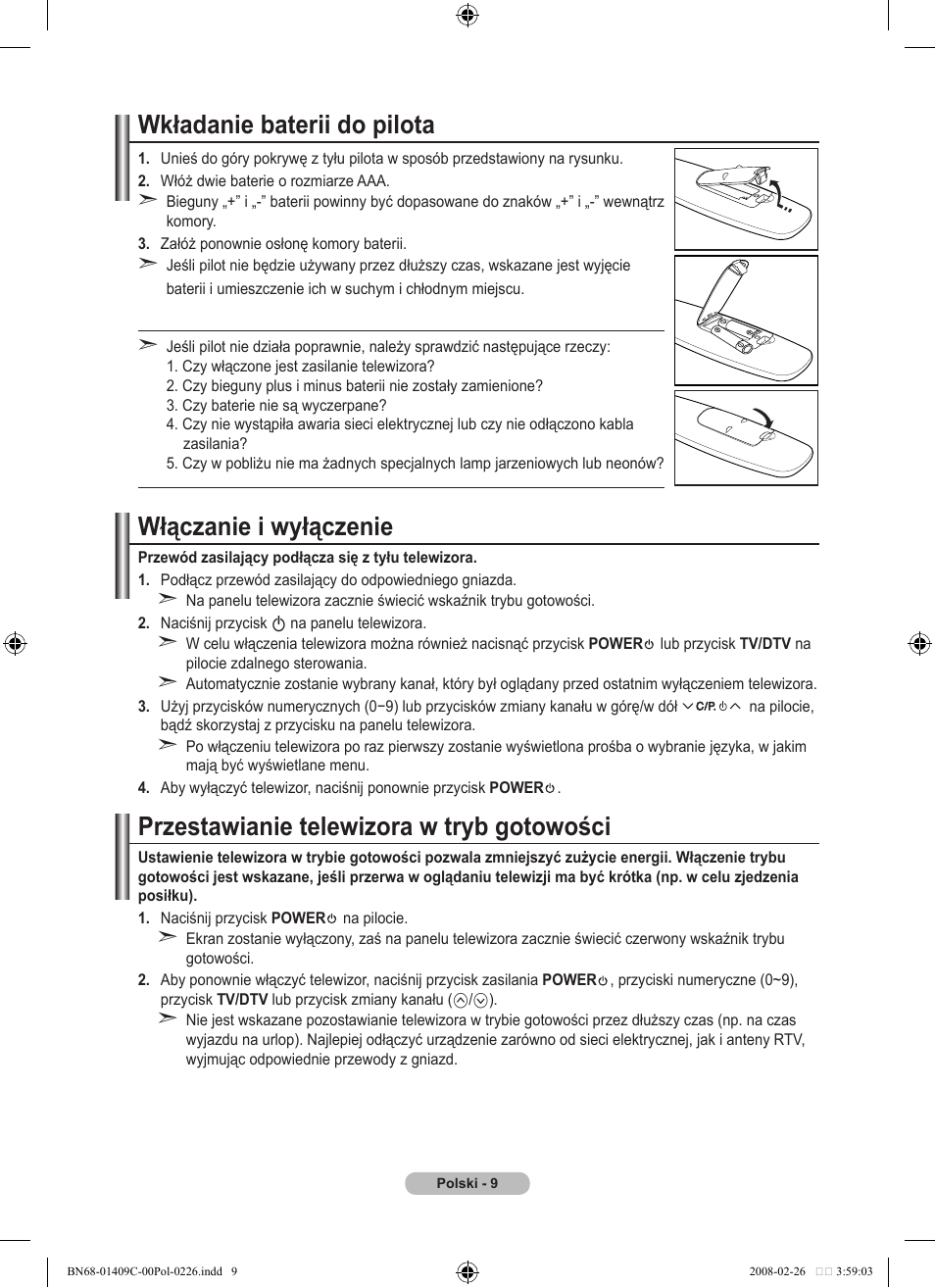 Wkładanie baterii do pilota, Włączanie i wyłączenie, Przestawianie telewizora w tryb gotowości | Samsung LE52A559P4F User Manual | Page 151 / 632