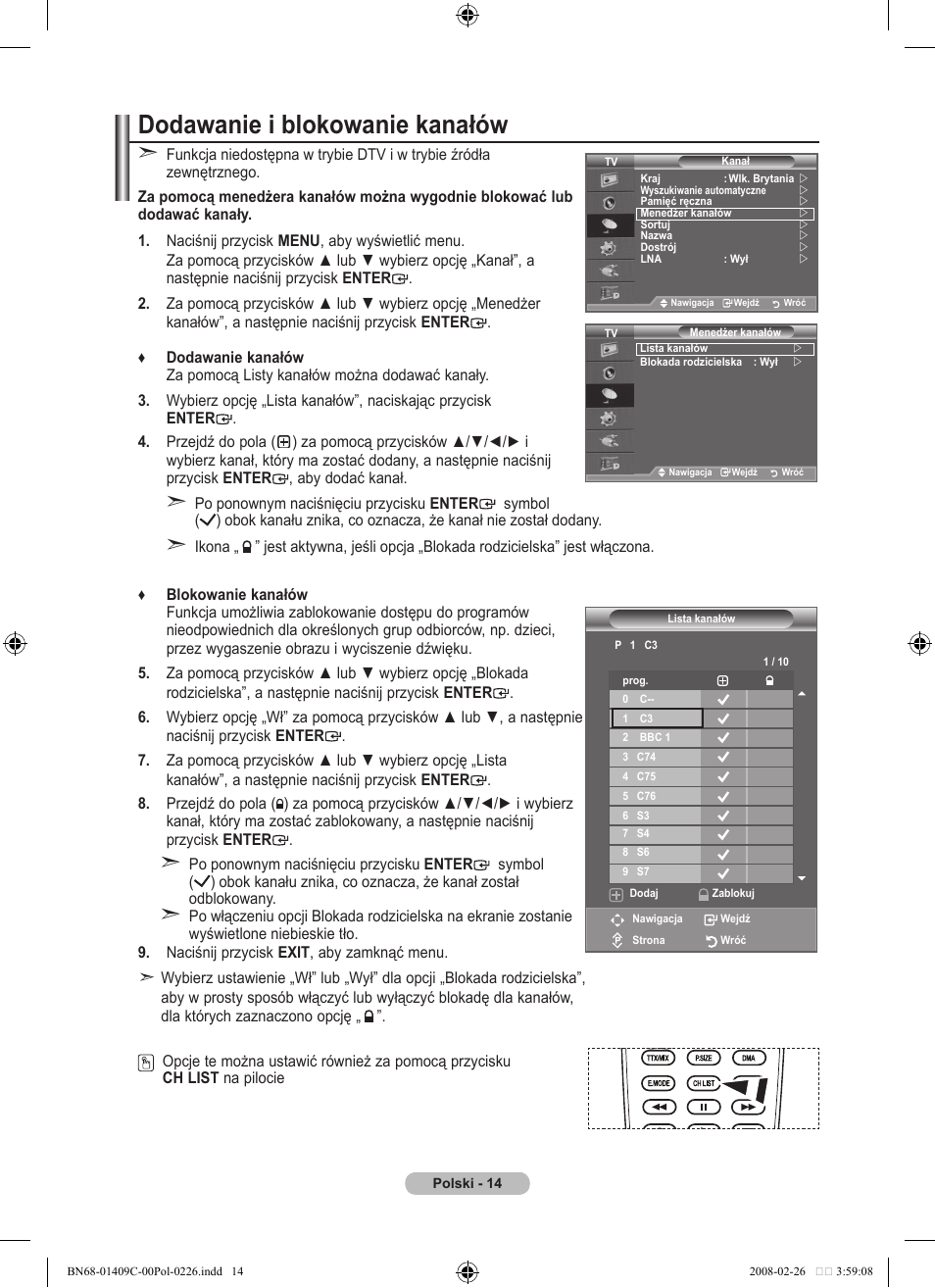 Dodawanie i blokowanie kanałów | Samsung LE52A559P4F User Manual | Page 156 / 632