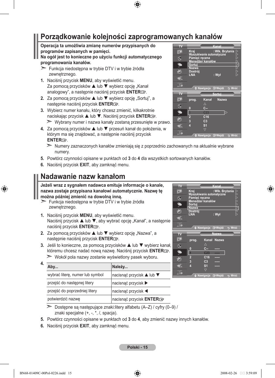 Porządkowanie kolejności zaprogramowanych kanałów, Nadawanie nazw kanałom | Samsung LE52A559P4F User Manual | Page 157 / 632
