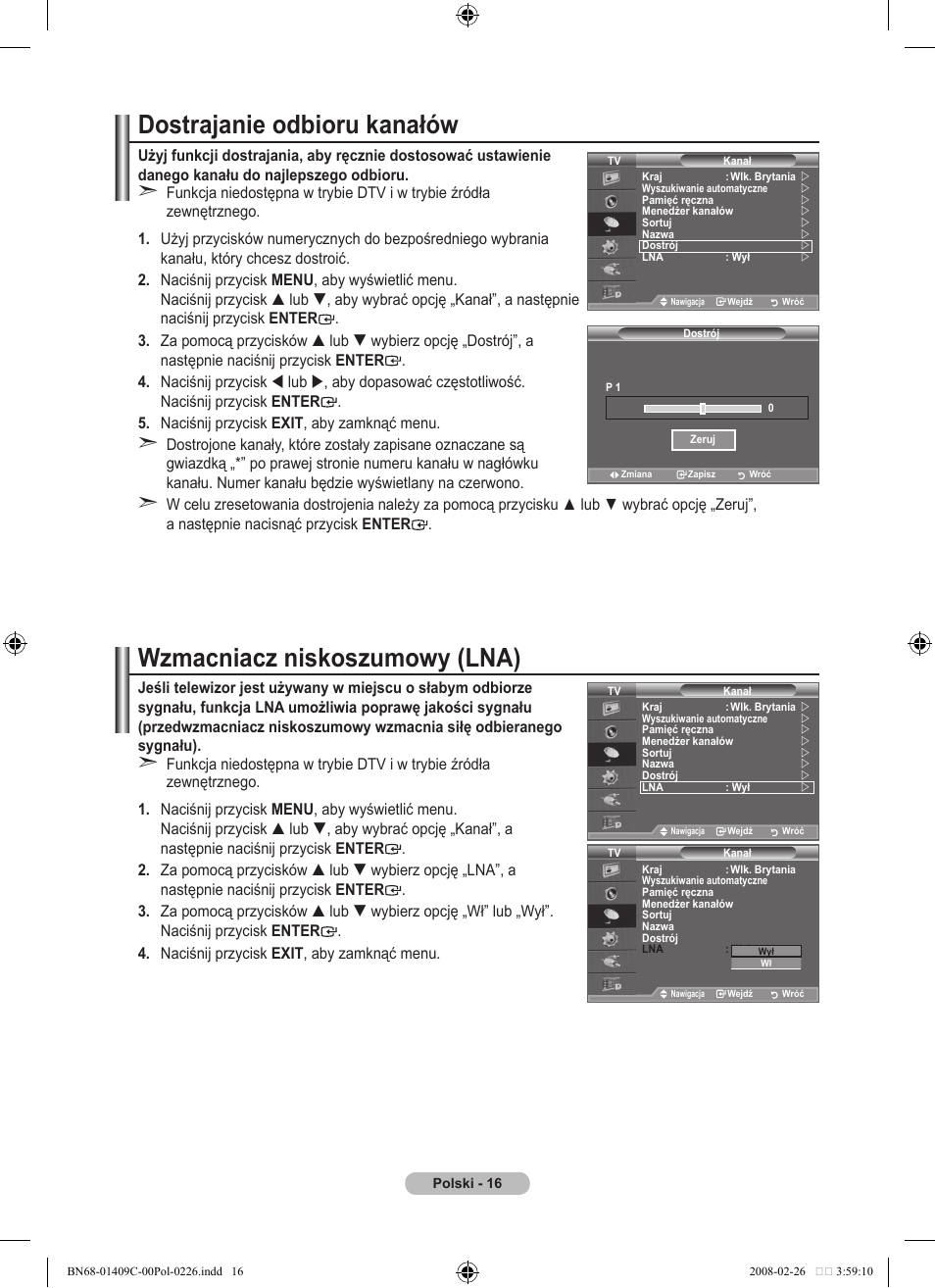Dostrajanie odbioru kanałów, Wzmacniacz niskoszumowy (lna) | Samsung LE52A559P4F User Manual | Page 158 / 632