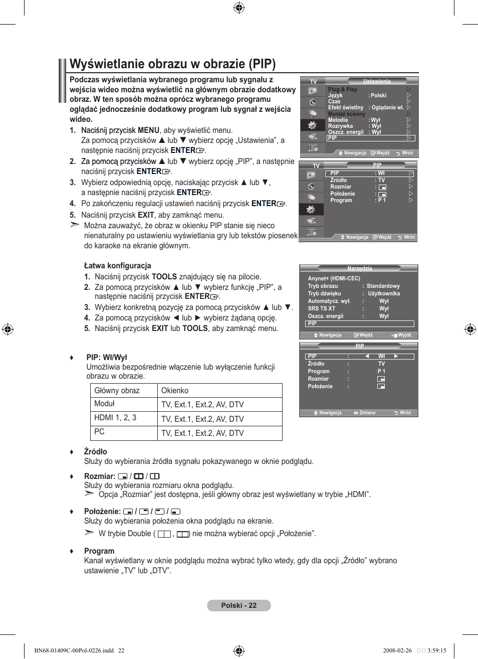 Wyświetlanie obrazu w obrazie (pip) | Samsung LE52A559P4F User Manual | Page 164 / 632