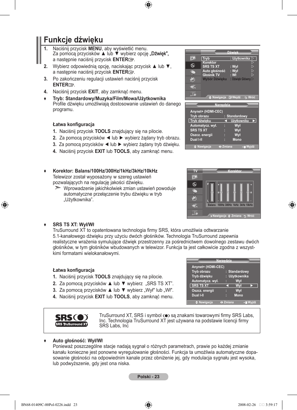 Funkcje dźwięku | Samsung LE52A559P4F User Manual | Page 165 / 632