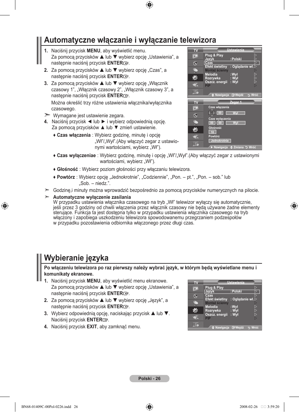 Automatyczne włączanie i wyłączanie telewizora, Wybieranie języka | Samsung LE52A559P4F User Manual | Page 168 / 632