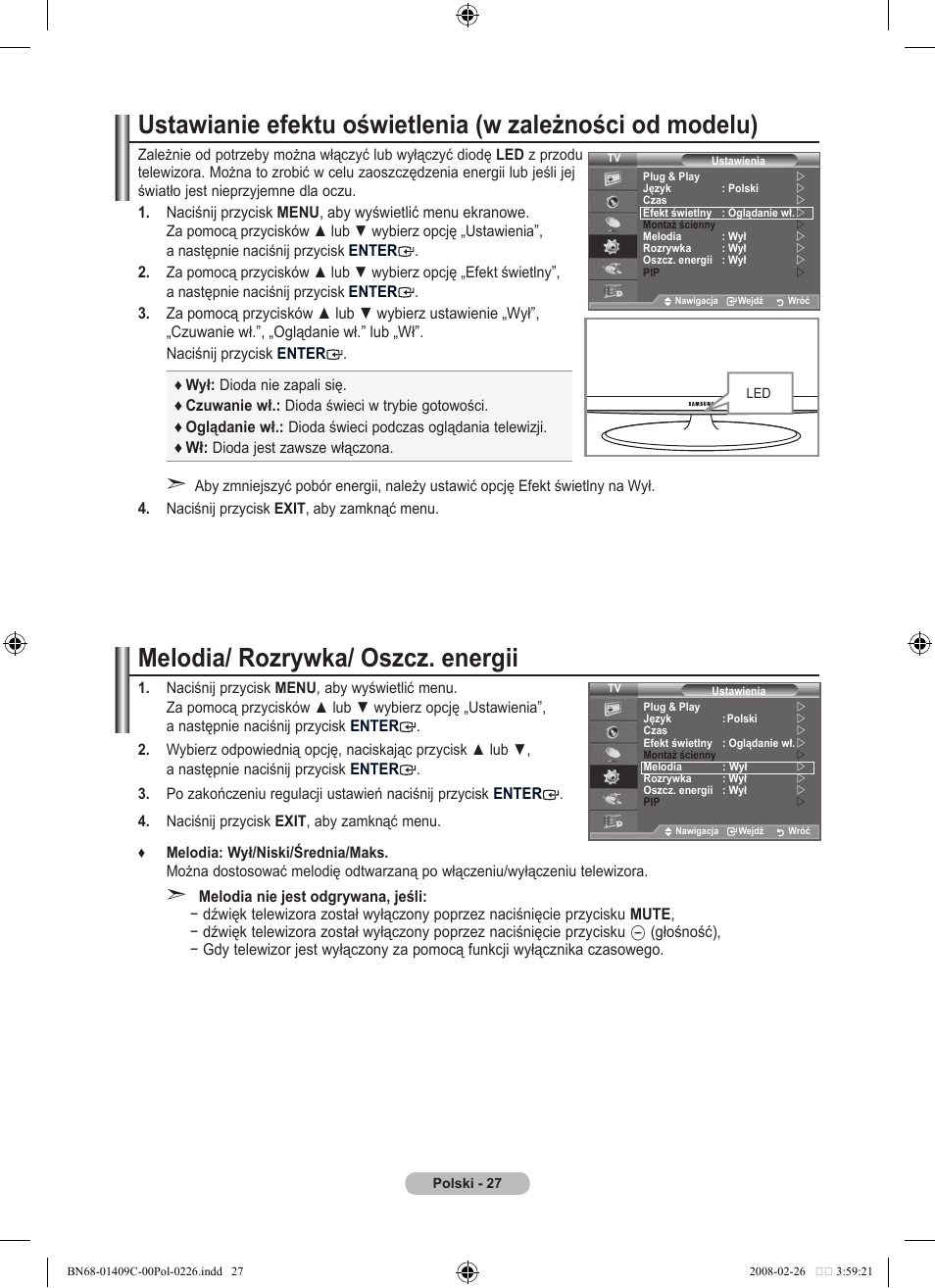 Melodia/ rozrywka/ oszcz. energii | Samsung LE52A559P4F User Manual | Page 169 / 632