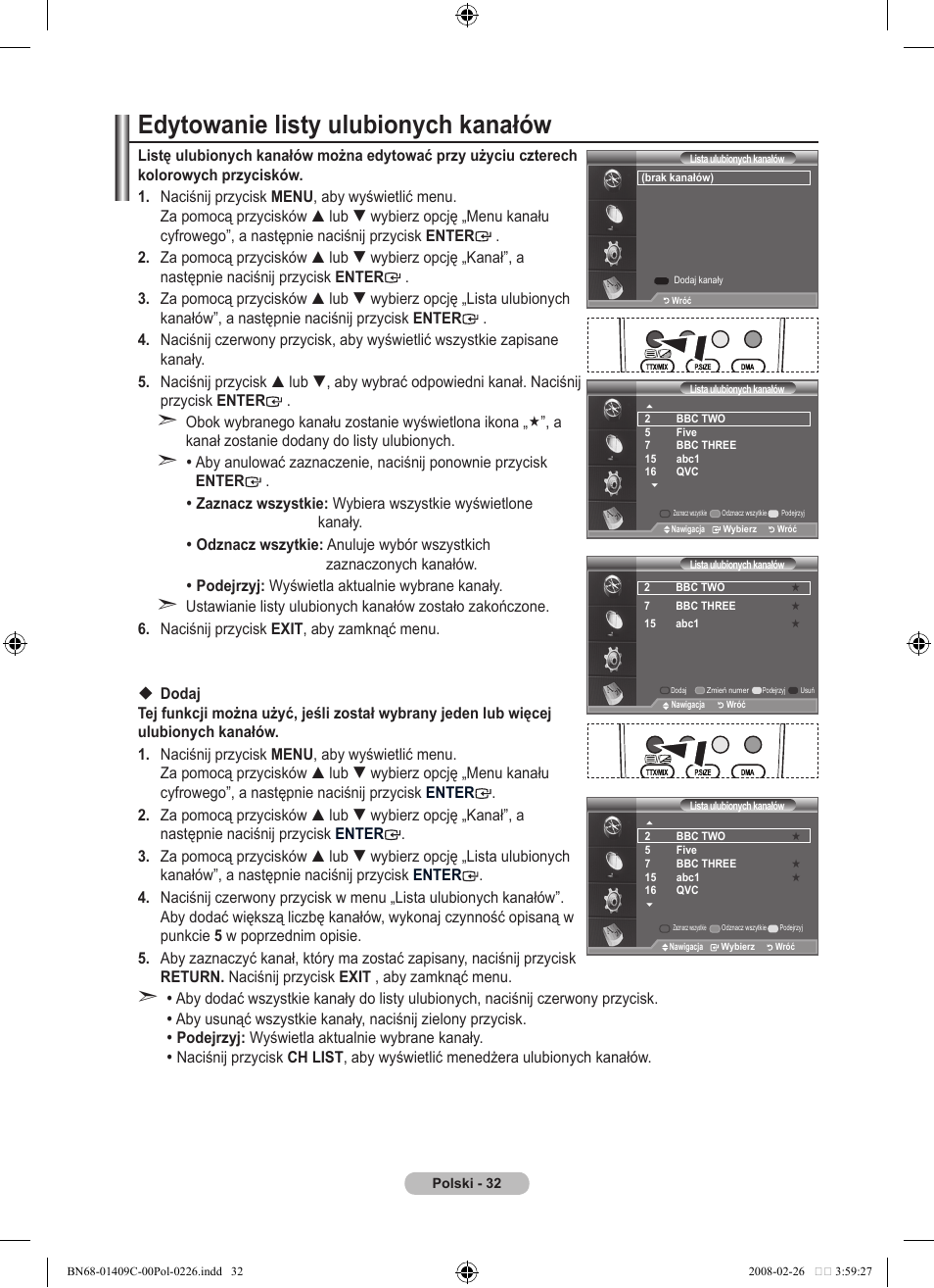 Edytowanie listy ulubionych kanałów | Samsung LE52A559P4F User Manual | Page 174 / 632