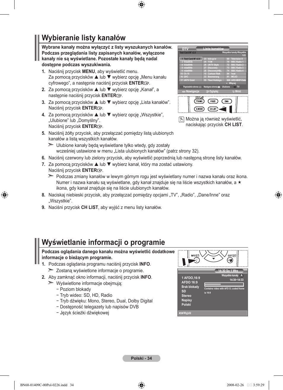Wybieranie listy kanałów, Wyświetlanie informacji o programie | Samsung LE52A559P4F User Manual | Page 176 / 632