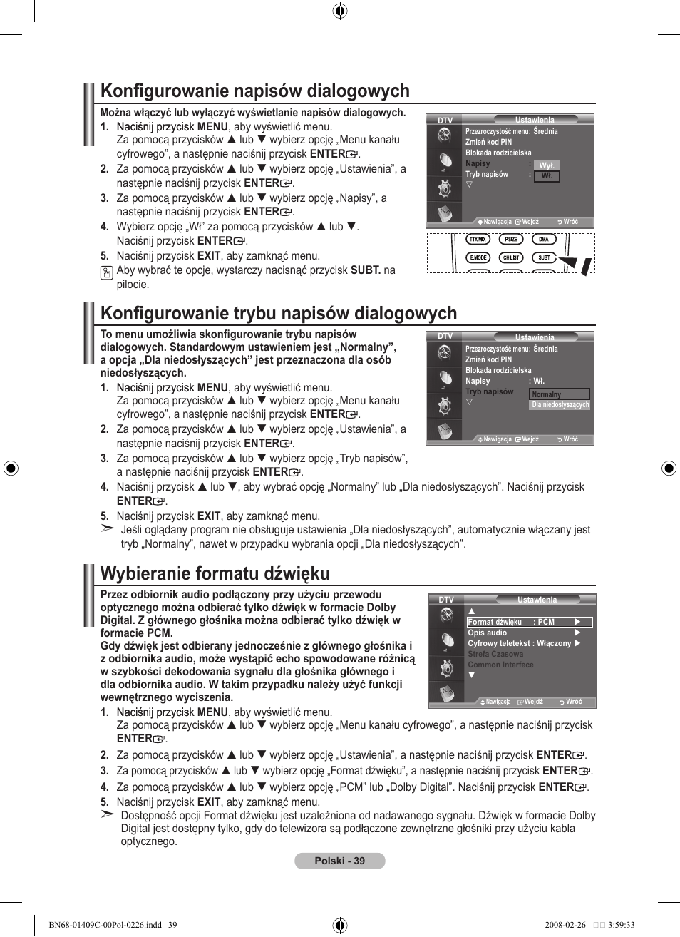 Konfigurowanie napisów dialogowych, Konfigurowanie trybu napisów dialogowych, Wybieranie formatu dźwięku | Samsung LE52A559P4F User Manual | Page 181 / 632