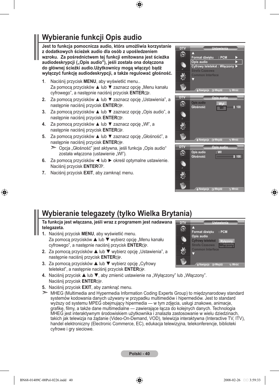 Wybieranie funkcji opis audio, Wybieranie telegazety (tylko wielka brytania) | Samsung LE52A559P4F User Manual | Page 182 / 632