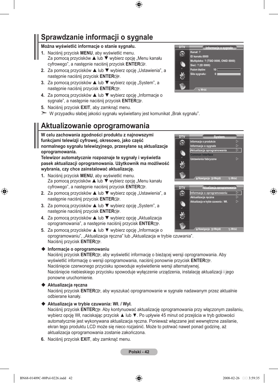 Sprawdzanie informacji o sygnale, Aktualizowanie oprogramowania | Samsung LE52A559P4F User Manual | Page 184 / 632
