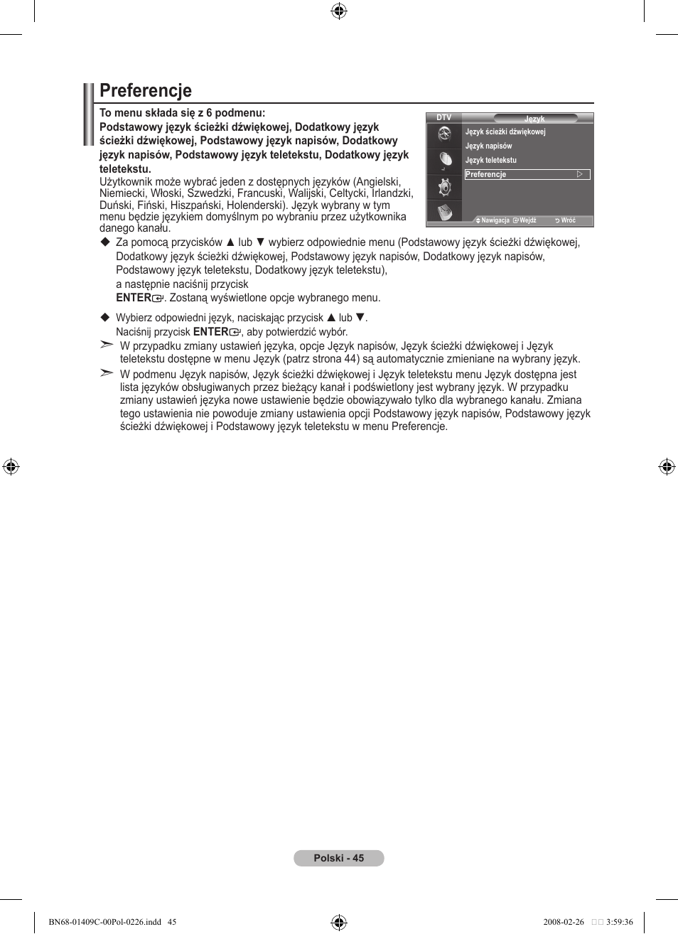 Preferencje | Samsung LE52A559P4F User Manual | Page 187 / 632