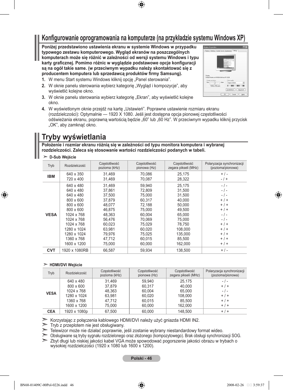 Tryby wyświetlania | Samsung LE52A559P4F User Manual | Page 188 / 632