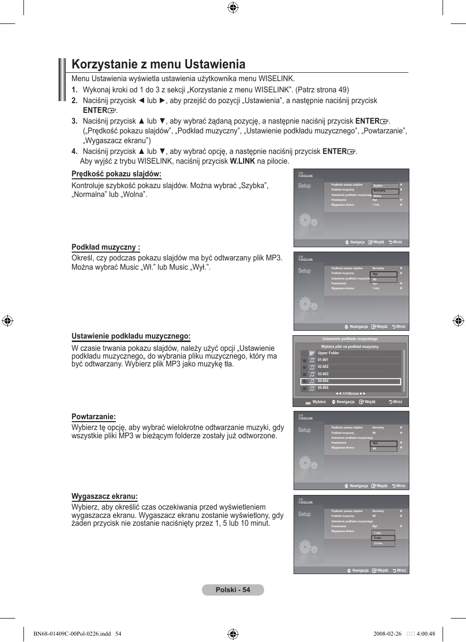 Korzystanie z menu ustawienia, Polski | Samsung LE52A559P4F User Manual | Page 196 / 632