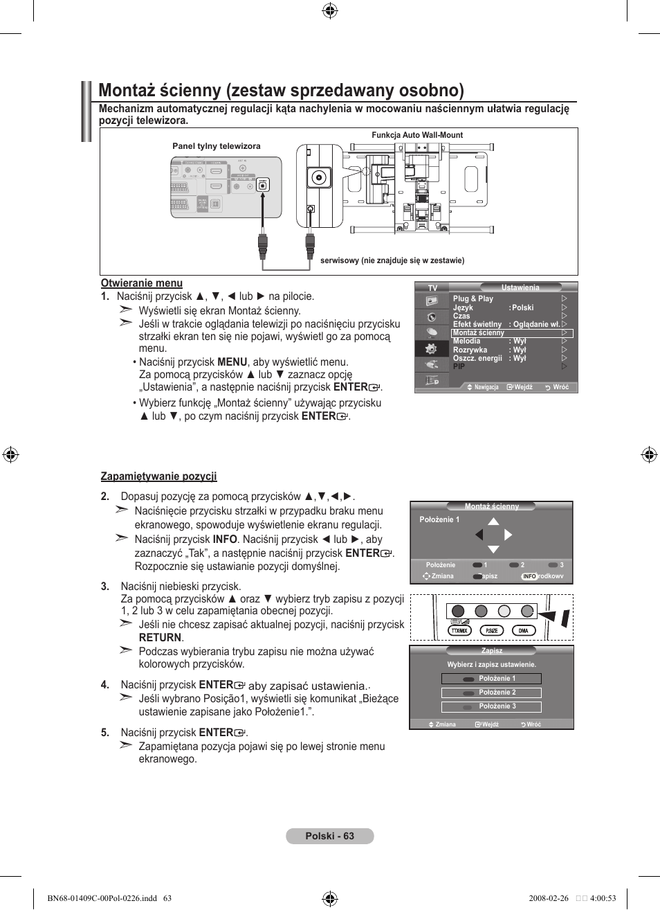 Montaż ścienny (zestaw sprzedawany osobno) | Samsung LE52A559P4F User Manual | Page 205 / 632