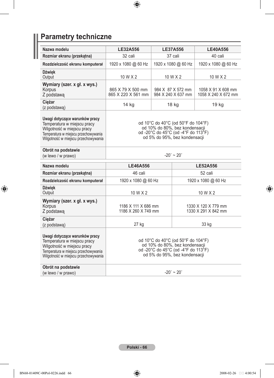 Parametry techniczne | Samsung LE52A559P4F User Manual | Page 208 / 632