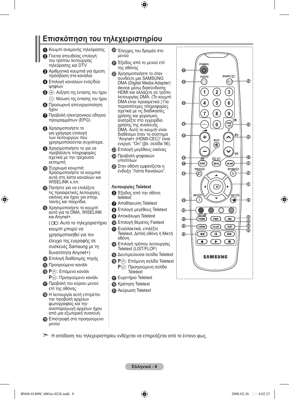 Επισκόπηση του τηλεχειριστηρίου | Samsung LE52A559P4F User Manual | Page 220 / 632