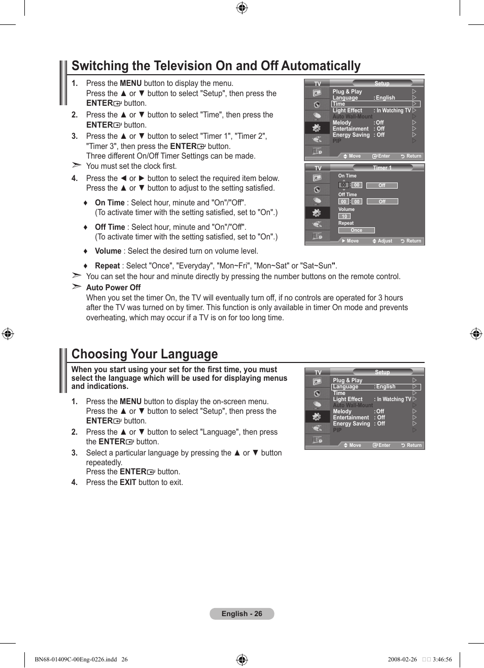 Switching the television on and off automatically, Function description, Choosing your language | Samsung LE52A559P4F User Manual | Page 28 / 632
