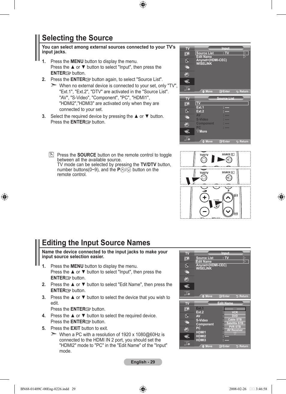 Selecting the source, Editing the input source names, Button on the remote control | Samsung LE52A559P4F User Manual | Page 31 / 632
