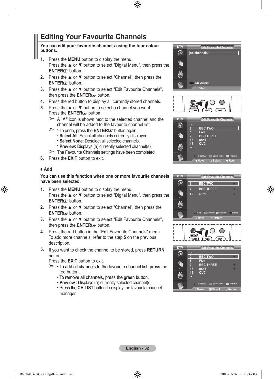 Editing your favourite channels | Samsung LE52A559P4F User Manual | Page 34 / 632