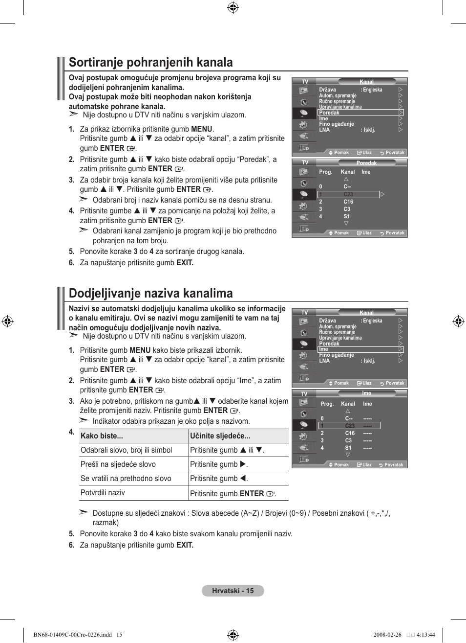 Sortiranje pohranjenih kanala, Dodjeljivanje naziva kanalima | Samsung LE52A559P4F User Manual | Page 367 / 632
