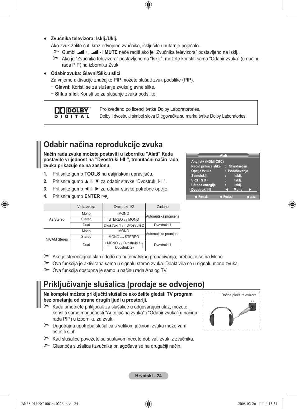 Priključivanje slušalica (prodaje se odvojeno), Odabir načina reprodukcije zvuka | Samsung LE52A559P4F User Manual | Page 376 / 632
