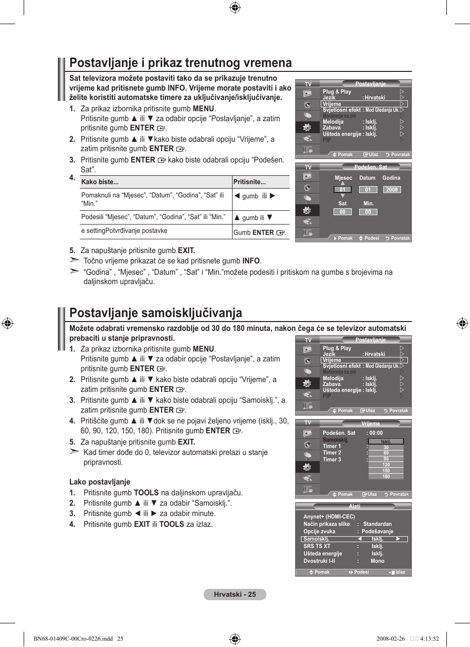 Postavljanje i prikaz trenutnog vremena, Postavljanje samoisključivanja | Samsung LE52A559P4F User Manual | Page 377 / 632