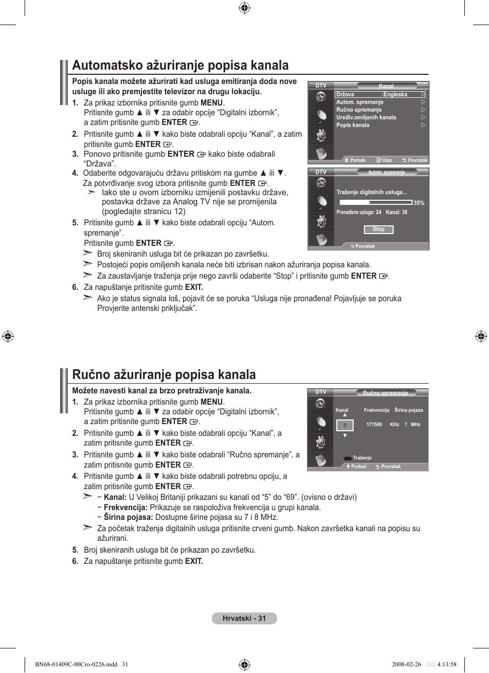 Automatsko ažuriranje popisa kanala, Ručno ažuriranje popisa kanala | Samsung LE52A559P4F User Manual | Page 383 / 632