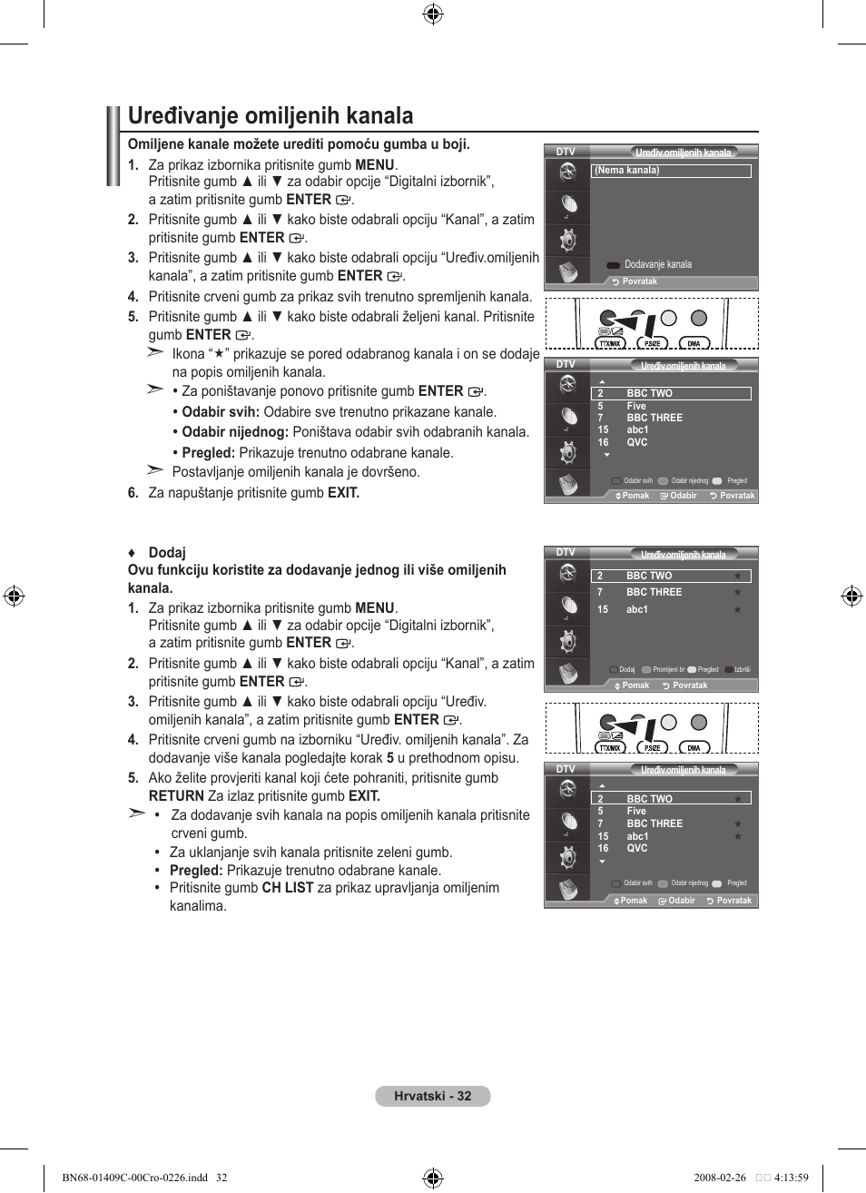 Uređivanje omiljenih kanala | Samsung LE52A559P4F User Manual | Page 384 / 632